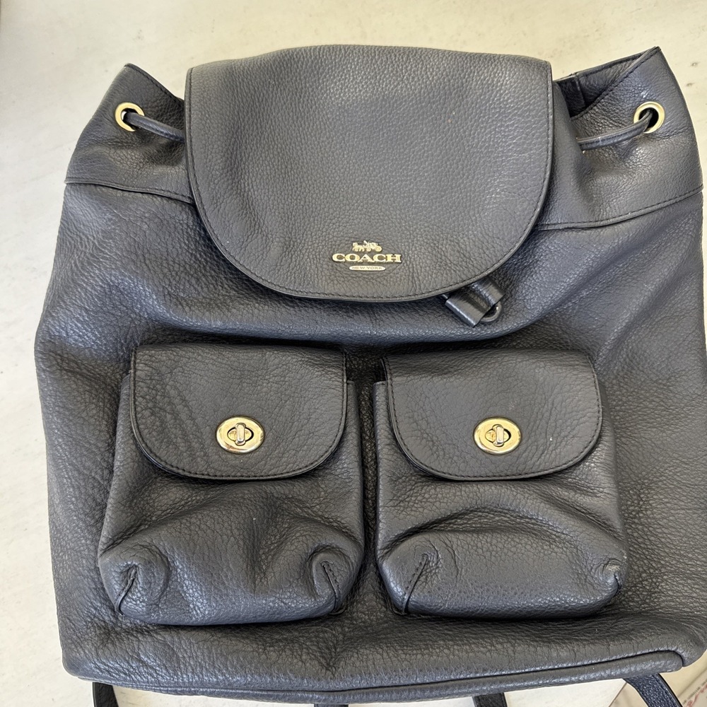 COACH Navy Leather Backpack Unisex Casual Rucksack Authentic Near Mint